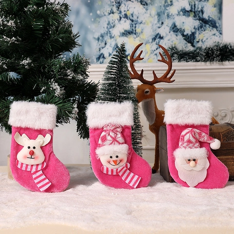 Pinkfarbene Weihnachtsstrümpfe Hängende Ornamente Stoff Kunstfell 3D Weihnachtsmann Schneemann Rentier Festliche Süsse Heimdeko Geschenktüten