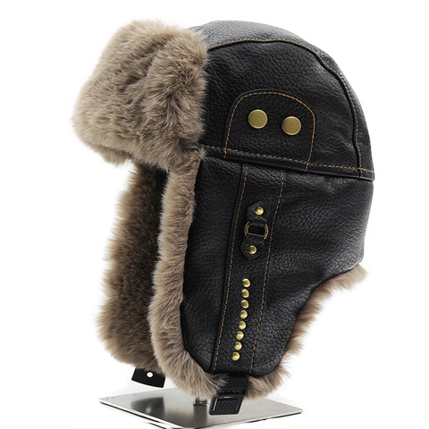 Men Winter Trapper Hat PU Leather Faux Fur Ear Flaps Windproof Warm Bomber Hat With Rivets