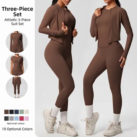Women Yoga Workout Outfits Zip Up Jacket Slim Fit Top And High Waist Leggings Seamless Breathable Nylon Spandex