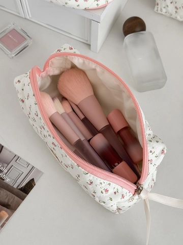 Doorgestikte Katoenen Make-Up Tas Met Bloemen Draagbare Reis-Organizer Cosmetische Etui Ritssluiting