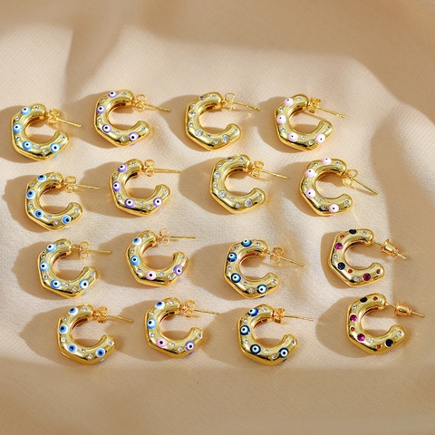 C-Form Creolen Kupfer Vergoldet Zirkonia Emaille Böser Blick Bunt Retro Chic Schmuck Für Damen