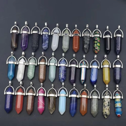 Sechseckige Säule Kristall Anhänger Natürlicher Edelstein Bullet Point Charm Für DIY Halskette Legierung Metall