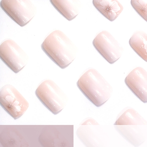Press On Nails Pink Ombre White Flower Polka Dot Short Square Artificial ABS False Fake Nails Elegant Manicure For Women
