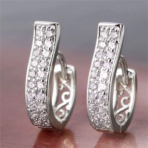 Elegant Copper Hoop Earrings With Zircon Hollow Pattern Luxury J-Shaped Jewelry For Women Fashion Commuter Accessory