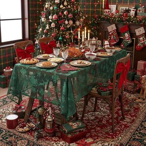 Christmas Lace Tablecloth Hollow Out Jacquard Table Runner Santa Reindeer Snowflake Patterns For Holiday Party Decoration