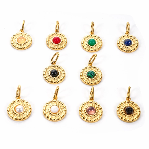 Round Charms Stainless Steel Gold Plated Vintage Natural Stone Gemstone Artificial Pearl For DIY Jewelry Making Necklaces Women