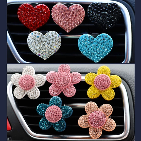 Car Air Vent Clip Aromatherapy Rhinestone Heart Flower Shape Decorative Interior Air Freshener Accessories