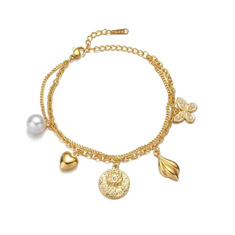 Bohemian Stainless Steel Double Layer Bracelet For Women Gold Plated Butterfly Heart Evil Eye Artificial Pearl Charm Jewelry
