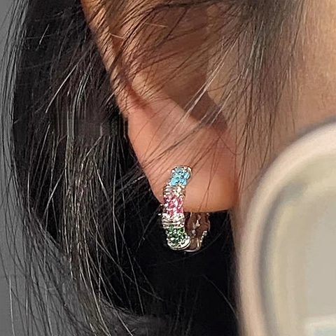 Bamboo Joint Hoop Earrings Copper Colorful Cubic Zirconia Geometric Round Huggie For Women Light Luxury Fashion