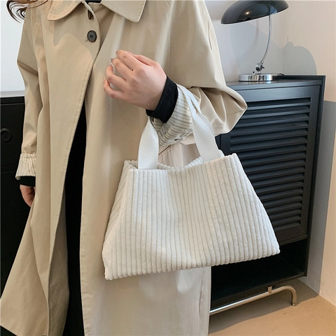 Bolso Tote De Pana Nervado Gran Capacidad Bolso De Hombro Y Axila Simple Informal Estilo Retro Para Mujer