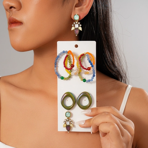 Retro Bohemian Colorful Glass Beads Geometric Rhinestone Earrings And Bracelets With 925 Sterling Silver Earring Post