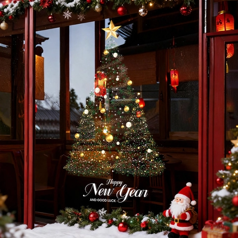 Christmas Tree Window Stickers Static Cling PVC Reusable Glue Free Double Sided New Year Glass Door Decoration