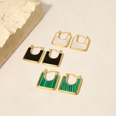 Geometrische Vierkante Creolen Titanium Staal 18K Verguld Schelp Malachiet Zwart Glans Chique Minimalistische Sieraden Vrouwen