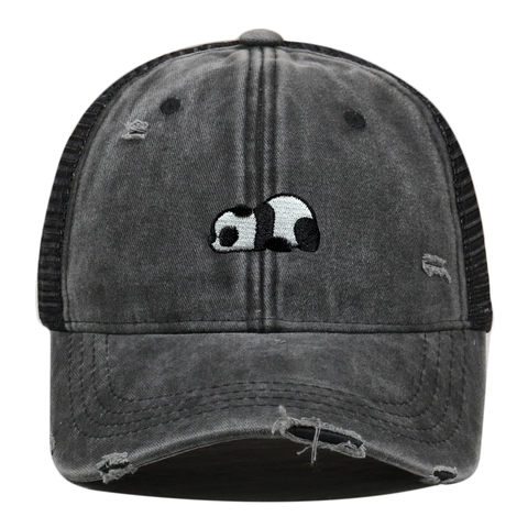 Washed Cotton Baseball Cap Panda Embroidery Mesh Trucker Hat Distressed Retro Outdoor Sunshade Adjustable Vintage Style