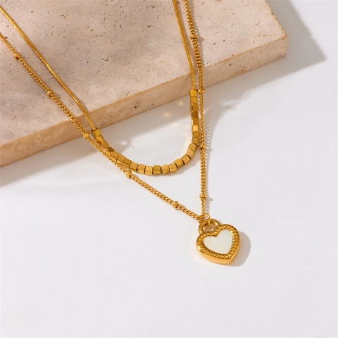 Stainless Steel Double Layer Heart Pendant Necklace For Women Gold Plated Multi Layer Chain Fashion Elegant Jewelry Daily Accessory