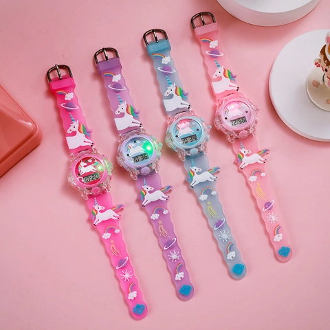 Kids Electronic Digital Watch Silicone Strap LED Luminous Cartoon Unicorn Rainbow For Girls Boys School Birthday Gift