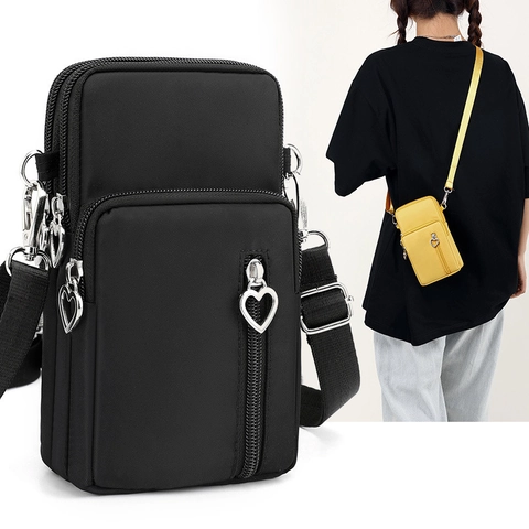 Nylon Mobile Phone Crossbody Bag Waterproof Multi Layer Zipper Heart Pull Adjustable Strap Casual Mini Shoulder Bag For Women