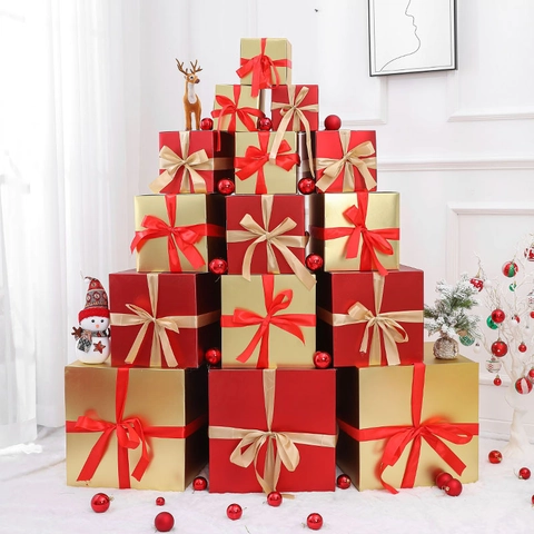 Christmas Decorative Gift Boxes Matte Red Gold Paper Ribbon Bow Stackable For Holiday Shop Window Scene Layout