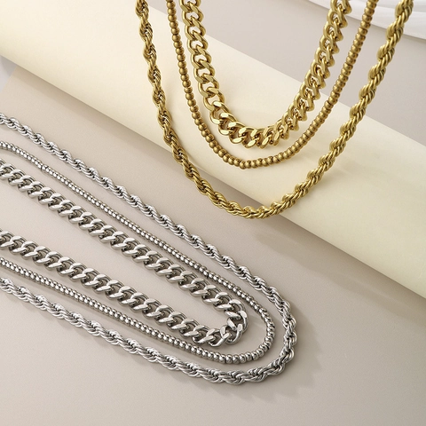 Collar De Capas De Acero Inoxidable Bañado En Oro De 18K Cadena De Eslabones Cuerda Y Cuentas Joyería Elegante Mujer