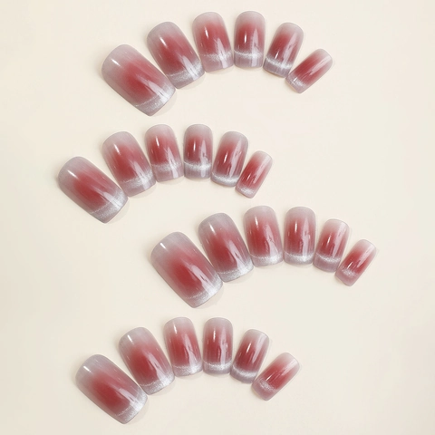 Rouge Farbverlauf Katzenauge Künstliche Nägel Glitzer Französischer Stil Abnehmbare Falsche Nägel Elegante Maniküre