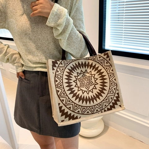 Large Capacity Linen Cotton Tote Bag Ethnic Geometric Mandala Pattern Shoulder Handbag For Women Daily Travel Shopping