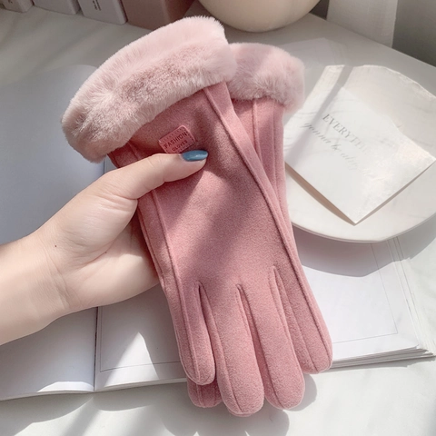 Women Winter Gloves Faux Suede Plush Fur Cuffs Touch Screen Thick Warm Lining Outdoor Windproof Fashion Ladies