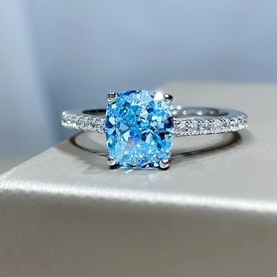 Elegant Square Blue Zirconia Open Ring For Women Copper Silver Plated Adjustable Minimalist Geometric Finger Ring Fashion Jewelry Gift