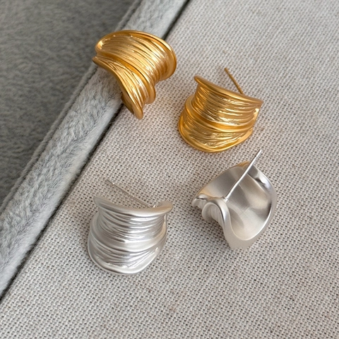 Irregular C Shape Stud Earrings With Silver Earring Post Brushed Metal Pleated Texture Minimalist Fashion Jewelry For Women