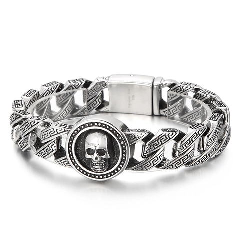 Pulsera Hombre Acero Inoxidable 316L Colgante Calavera Patrón Griego Cadena Cubana Hip Hop Punk Joyas Vintage