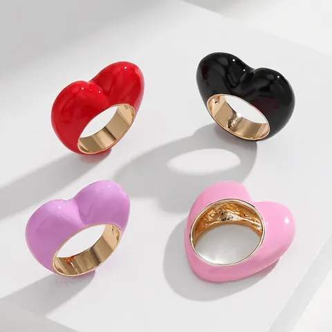 Heart Shaped Chunky Ring Zinc Alloy Enamel 3D Cute Fashionable Jewelry Accessory Valentine Gift Women Men
