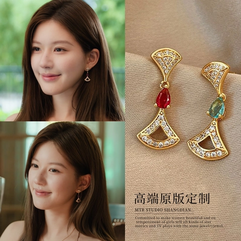 Fan Shaped Drop Earrings Gold Plated Asymmetric Zirconia With 925 Sterling Silver Earring Post Elegant Retro Jewelry