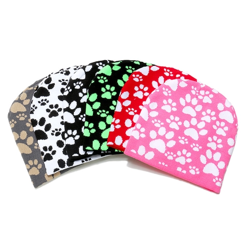 Gorro De Punto Jacquard Con Estampado De Pata De Perro Acrílico Cálido Invierno Mujer Adulto Casual Al Aire Libre