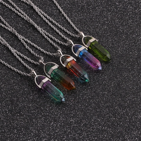 Hexagonal Point Stone Pendant Necklace Stainless Steel Rope Chain Gradient Color Crystal Bullet Shape Healing Jewelry For Women Men Gift