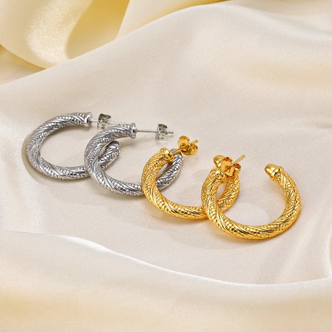 Pendientes De Aro De Cuerda Trenzada Acero Inoxidable Chapado En Oro De 18K Retro Geométrico Forma C Para Mujeres