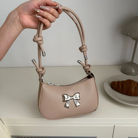 Women Shoulder Underarm Bag PU Leather Chic Bowknot Decor Knotted Strap Solid Color Trendy Crescent Handbag For Lady