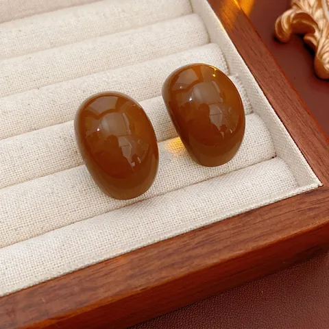 Oval Resin Drop Earrings With Silver Earring Post Glossy Amber Retro Minimalist Style Jewelry For Women