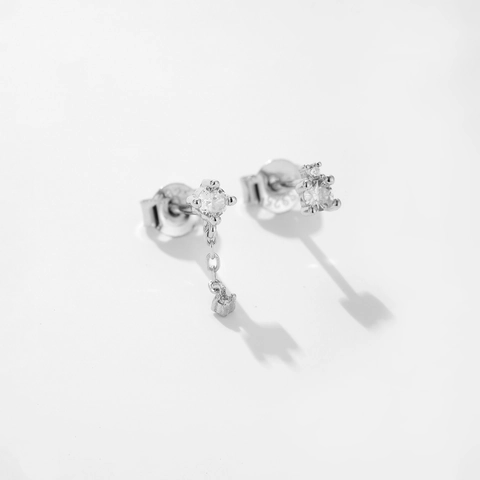 S925 Sterling Silver Asymmetric Chain Stud Earrings With Rhinestone For Women Geometric Round Dangle Earring Jewelry Gift