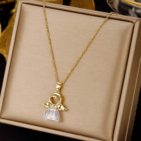 Elegante Collana Con Pendente Angelo In Acciaio Inossidabile Placcato Oro Con Cristallo Di Strass Gioielli Donna