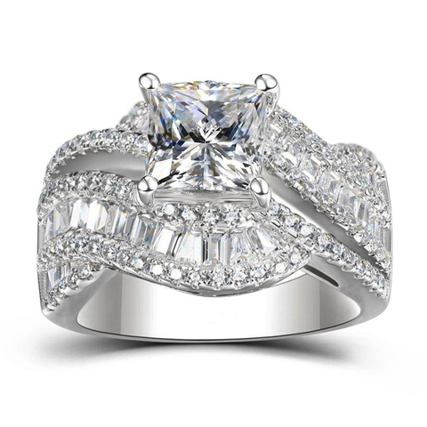 Bague De Luxe Pour Femmes En Cuivre Zircon Coupe Princesse Pierre Carrée Anneau Torsadé Mariage Bijoux