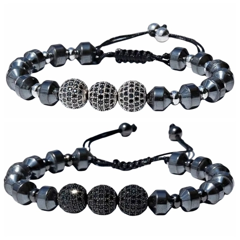 Pulsera De Cuentas Ajustable Hombre Con Cuentas De Latón Y Circonitas Micro Pavé Cuerda Tejida A Mano Moda Unisex