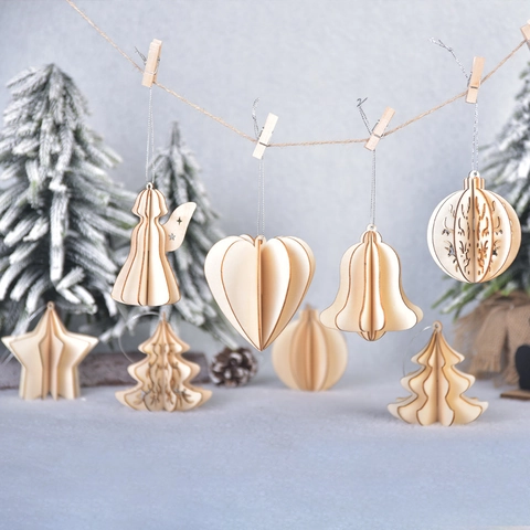 Wooden 3D Christmas Hanging Ornaments DIY Hollow Out Star Angel Bell Tree Ball Festive Holiday Home Decoration Accessories