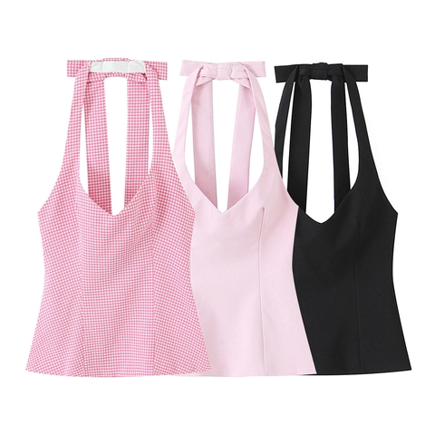 Haut Dos Nu Polyester Dos Nu Nœud Papillon Décolleté En V Profond Slim Fit Sexy Doux Vichy Uni Cami Pour Femmes