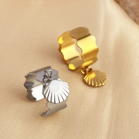 Edelstahl Muschel Anhänger Ring Wellen Scalloped Band 18K Vergoldet Verstellbar Offener Schmuck Für Damen