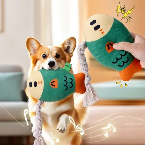 Dog Squeaky Toys Interactive Cotton Rope Plush Cartoon Fish Vegetable Animal Shapes Teeth Cleaning Durable Pet Chew Toy