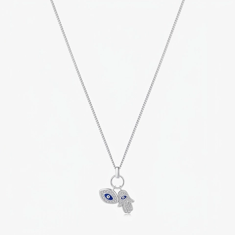 Collar con Colgante Ojo Malvado Mano de Fátima de Plata de Ley 925 para Mujer Esmalte Azul Diamante de Imitación Joyería de Moda