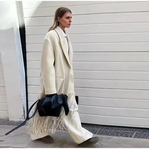 Women Long Trench Coat Polyester Notched Lapel Fringe Hem Solid Color Elegant High Street Fashion Outerwear