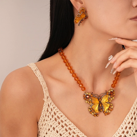 Butterfly Necklace And Earrings Alloy Amber Glass Bead Rhinestone Retro Maillard Style For Women