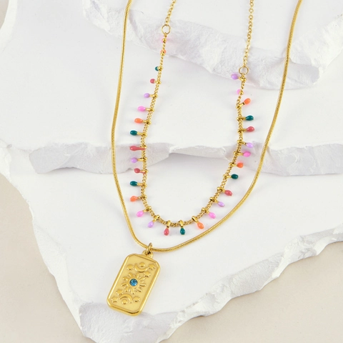 Layered Necklace Titanium Steel Gold Plated Celestial Sun Moon Rectangle Pendant Colorful Beads Vintage French Women