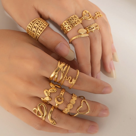 Anelli Aperti in Acciaio al Titanio Moda a Forma di Serpente Cuore Fiore per Donna Anello Regolabile Placcato Oro Gioielli Vintage