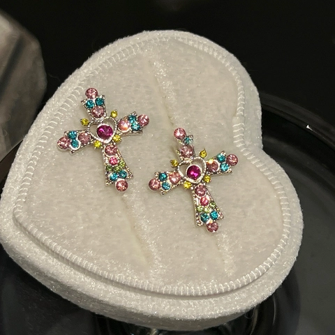 Kleurrijke Steen Kruis Ring Oorbellen Met Zilveren Oorbellenpost Hartcentrum Mode Sieraden Voor Dames